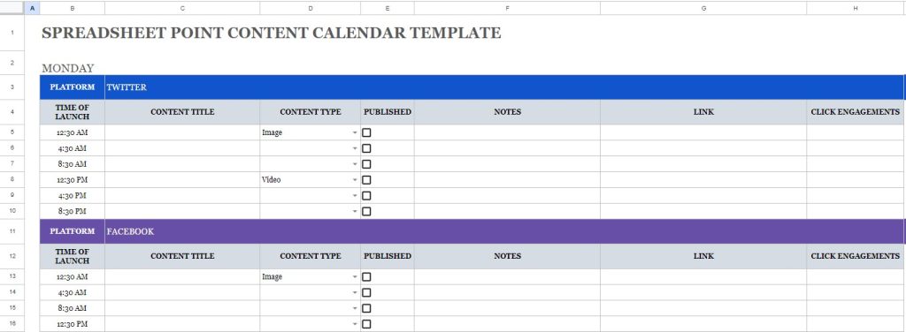 Content calendar template for Google sheets to track digital political activities