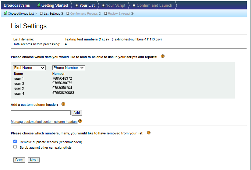 HubDialer broadcast list settings screen