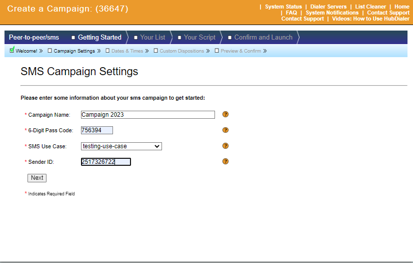 HubDialer SMS campaign settings