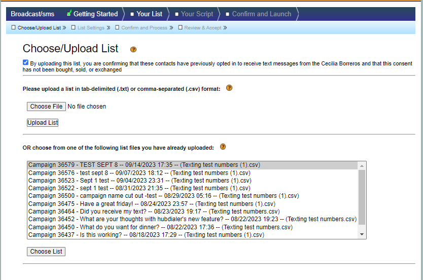 HubDialer upload your broadcast list screen